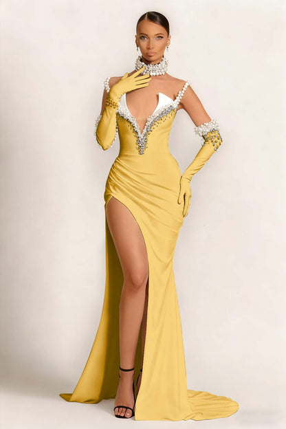 Strapless Sleeveless Long Mermaid Prom Dress With Split Gloves