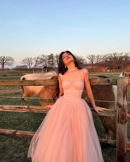 Pink  Sweetheart Spaghetti-Straps Tulle Prom Dress