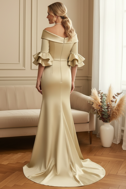 Elegant Off-The-Shoulder Satin Trumpet Dress with Ruffle Sleeves