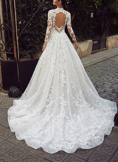 A-Line Illusion Neck 3/4 Sleeves Sweep Train Lace/Tulle Wedding DressesA-Line Illusion Neck 3/4 Sleeves Sweep Train Lace/Tulle Wedding DressesA-Line Illusion Neck 3/4 Sleeves Sweep Train Lace/Tulle Wedding DressesA-Line Illusion Neck 3/4 Sleeves Sweep Tra