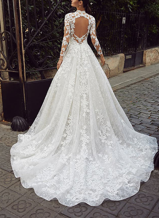 A-Line Illusion Neck 3/4 Sleeves Sweep Train Lace/Tulle Wedding DressesA-Line Illusion Neck 3/4 Sleeves Sweep Train Lace/Tulle Wedding DressesA-Line Illusion Neck 3/4 Sleeves Sweep Train Lace/Tulle Wedding DressesA-Line Illusion Neck 3/4 Sleeves Sweep Tra