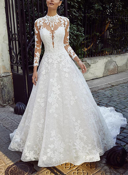 A-Line Illusion Neck 3/4 Sleeves Sweep Train Lace/Tulle Wedding DressesA-Line Illusion Neck 3/4 Sleeves Sweep Train Lace/Tulle Wedding DressesA-Line Illusion Neck 3/4 Sleeves Sweep Train Lace/Tulle Wedding DressesA-Line Illusion Neck 3/4 Sleeves Sweep Tra