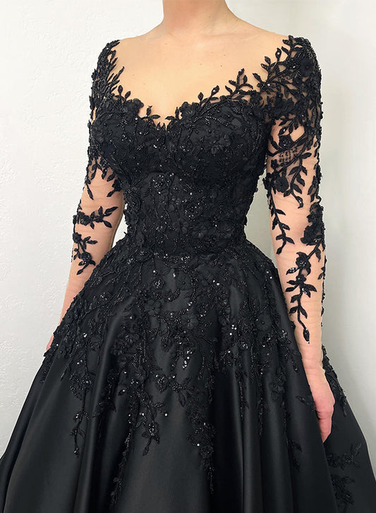 A-Line Illusion Neck Long Sleeves Sweep Train Lace/Satin Wedding DressesA-Line Illusion Neck Long Sleeves Sweep Train Lace/Satin Wedding DressesA-Line Illusion Neck Long Sleeves Sweep Train Lace/Satin Wedding DressesA-Line Illusion Neck Long Sleeves Sweep