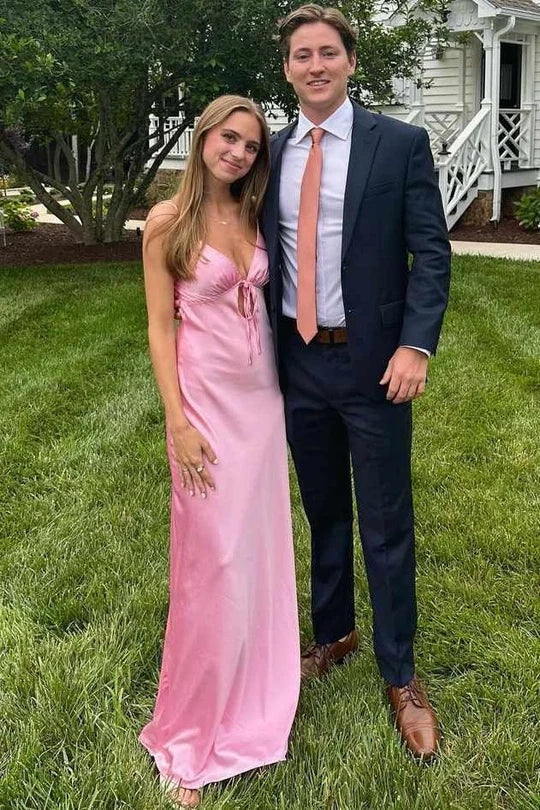 Simple Sheath Spaghetti Straps Pink Long Prom Dress