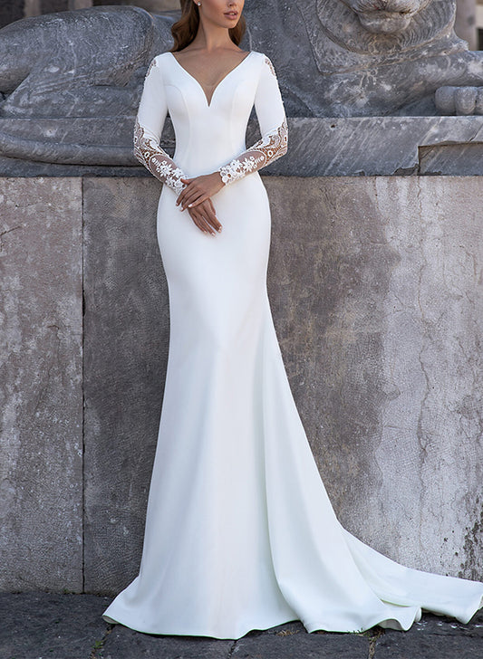 Sheath/Column V-Neck Long Sleeves Sweep Train Wedding DressesSheath/Column V-Neck Long Sleeves Sweep Train Wedding DressesSheath/Column V-Neck Long Sleeves Sweep Train Wedding DressesSheath/Column V-Neck Long Sleeves Sweep Train Wedding DressesSheath/Colu