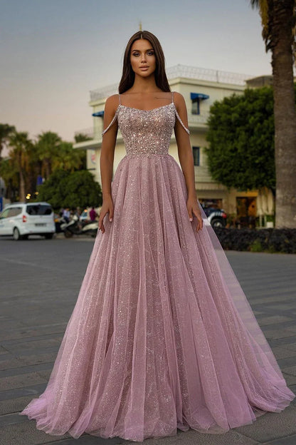 Tulle A-Line Long Spaghetti-Straps Prom Dress With Sequins Beads