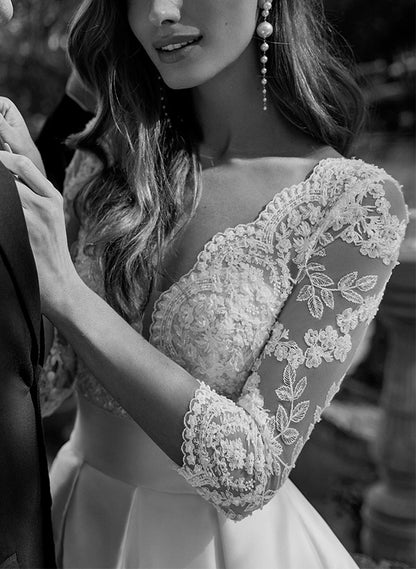 A-Line V-Neck 3/4 Sleeves Court Train Lace Wedding DressesA-Line V-Neck 3/4 Sleeves Court Train Lace Wedding DressesA-Line V-Neck 3/4 Sleeves Court Train Lace Wedding DressesA-Line V-Neck 3/4 Sleeves Court Train Lace Wedding DressesA-Line V-Neck 3/4 Sleev