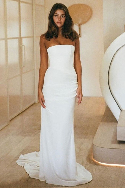 Elegant Mermaid Strapless Elastic Satin Long Wedding Dress