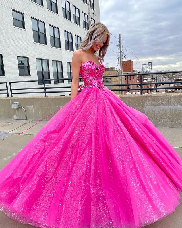 Cute Sparkly Sweetheart Hot Pink Prom Dresses with Beaded