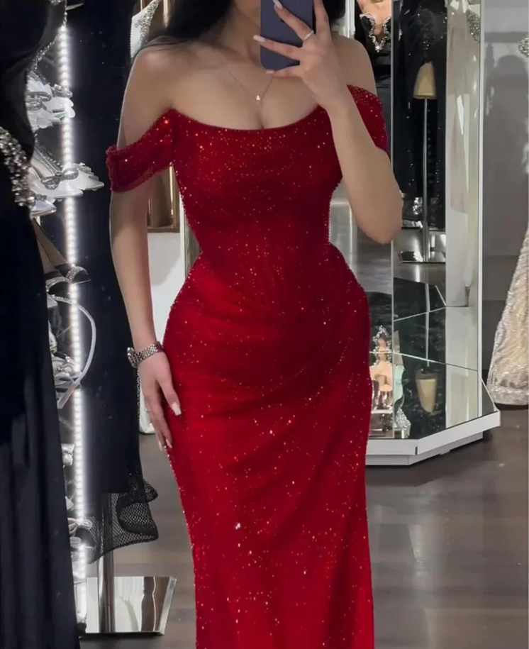 Off-Shoulder Pleated Sparkly Sheath Prom Dress