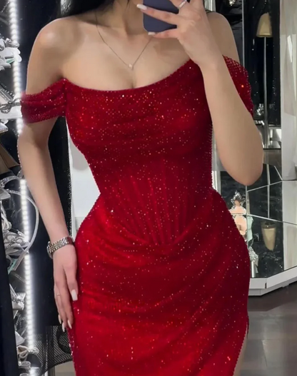 Off-Shoulder Pleated Sparkly Sheath Prom Dress
