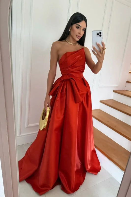 Dark Orange Asymmetric Neckline A-Line Prom Dress With Bow ZT0764