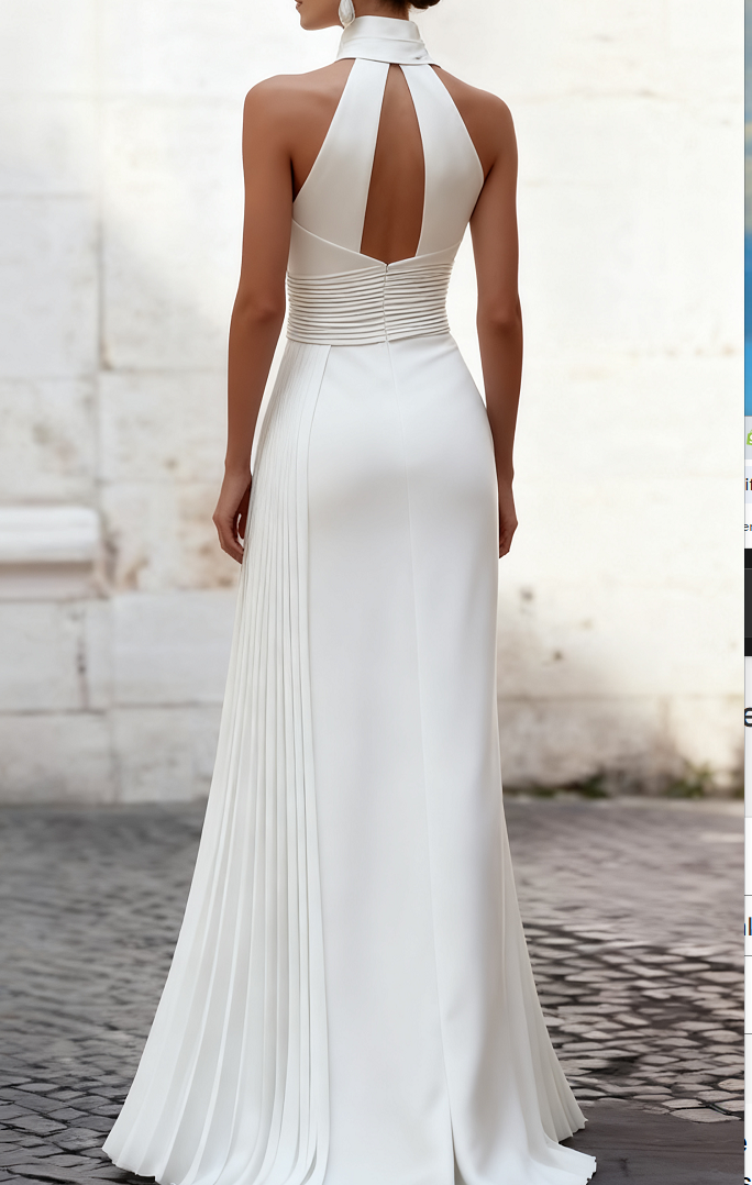 Halter-Neck Sleeveless Satin Pleated Floor-Length Evening Dress