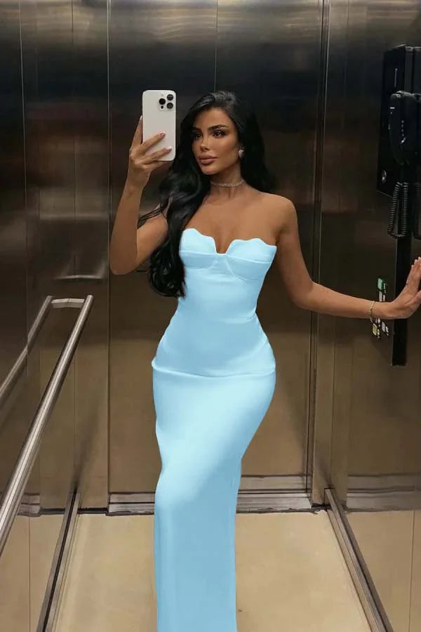 Ivory Back Slit Strapless Elegant Prom Dress