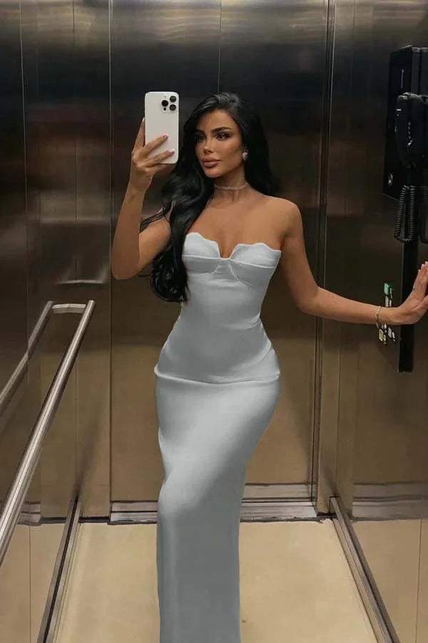 Ivory Back Slit Strapless Elegant Prom Dress