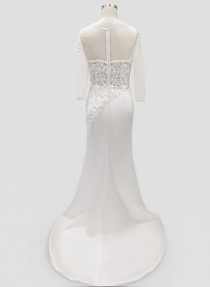 Trumpet/Mermaid V-Neck 3/4 Sleeves Lace/Satin Wedding Dresses With Beading/Appliques LaceTrumpet/Mermaid V-Neck 3/4 Sleeves Lace/Satin Wedding Dresses With Beading/Appliques LaceTrumpet/Mermaid V-Neck 3/4 Sleeves Lace/Satin Wedding Dresses With Beading/Ap