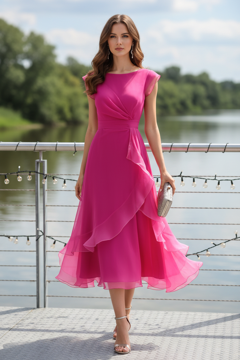 A-Line Midi Dress with Side Cascade Ruffle