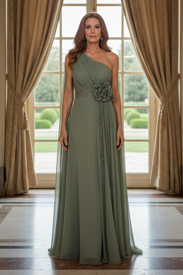 One-Shoulder Cape Evening Gown with 3D Flower
