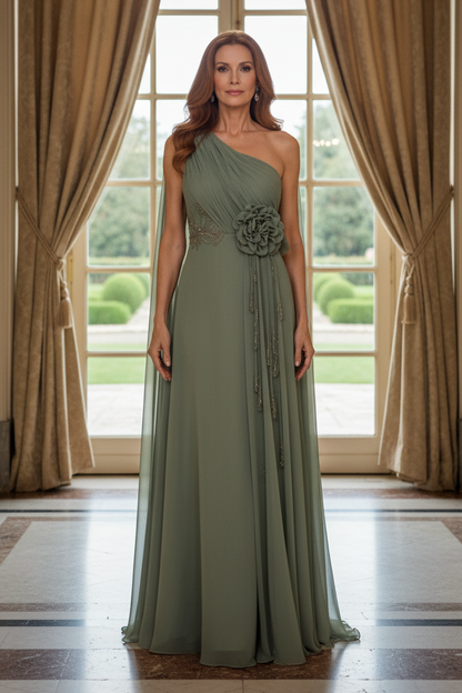 One-Shoulder Cape Evening Gown with 3D Flower