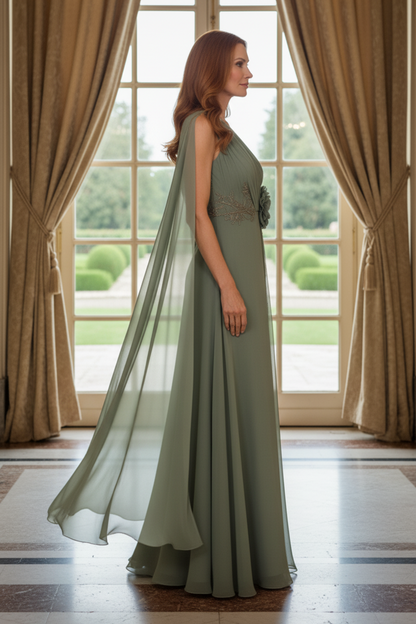One-Shoulder Cape Evening Gown with 3D Flower