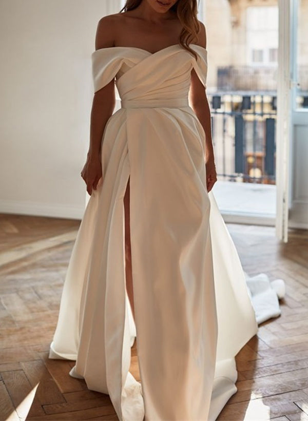 A-Line Off-The-Shoulder Sleeveless Satin Court Train Wedding DressA-Line Off-The-Shoulder Sleeveless Satin Court Train Wedding DressA-Line Off-The-Shoulder Sleeveless Satin Court Train Wedding DressA-Line Off-The-Shoulder Sleeveless Satin Court Train Wedd