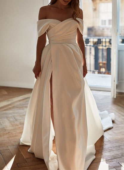 A-Line Off-The-Shoulder Sleeveless Satin Court Train Wedding DressA-Line Off-The-Shoulder Sleeveless Satin Court Train Wedding DressA-Line Off-The-Shoulder Sleeveless Satin Court Train Wedding DressA-Line Off-The-Shoulder Sleeveless Satin Court Train Wedd