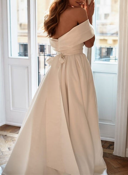A-Line Off-The-Shoulder Sleeveless Satin Court Train Wedding DressA-Line Off-The-Shoulder Sleeveless Satin Court Train Wedding DressA-Line Off-The-Shoulder Sleeveless Satin Court Train Wedding DressA-Line Off-The-Shoulder Sleeveless Satin Court Train Wedd