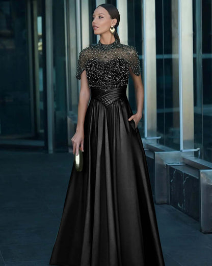 High-Neck Short Sleeves Long A-Line Pleated Prom Dress With Pockets And Beadings