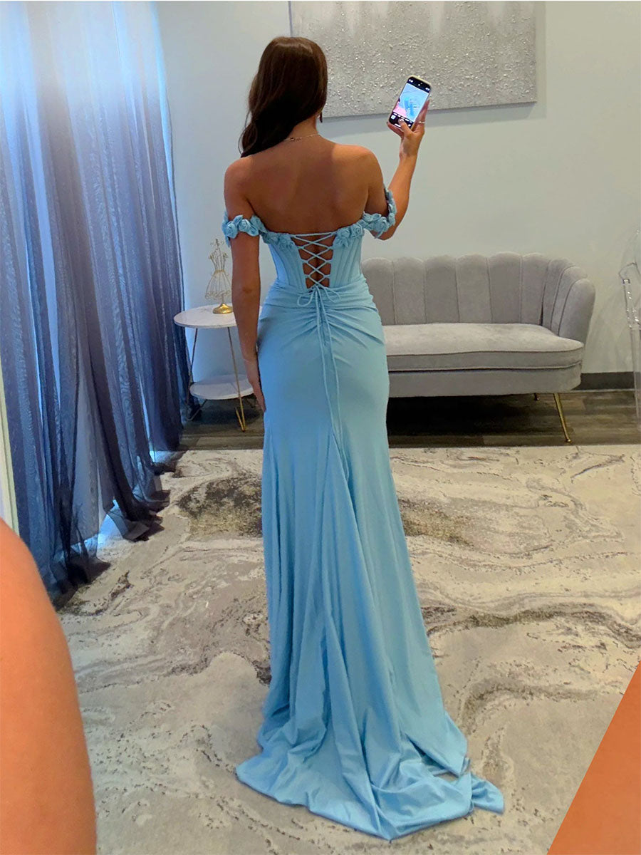 Off the Shoulder Light Blue Satin Corset Prom Dress