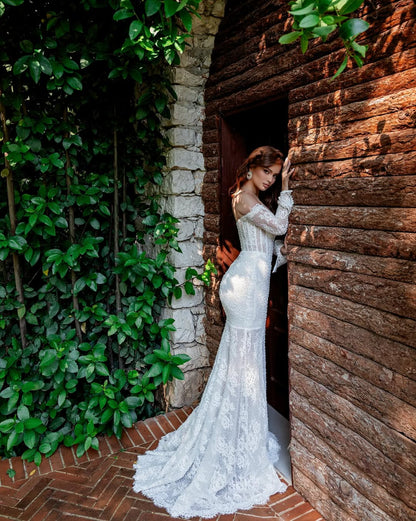 White Long Lace Sleeves Strapless V Neck Mermaid Long Wedding Dress