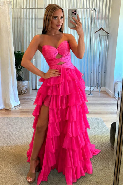 Charming A-Line Sweetheart Fuchsia Ruffle Tiered Long Prom Dress
