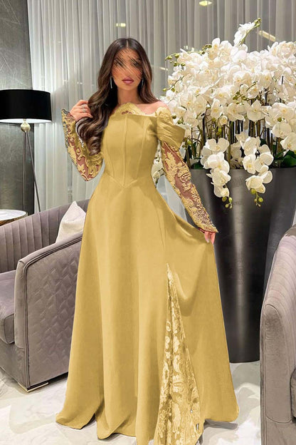 Off the Shoulder Long Sleeves Long Prom Dress With Appliques