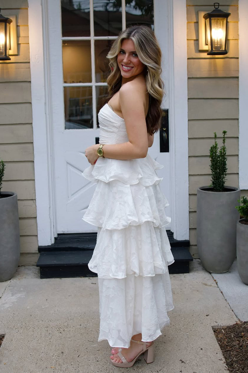 Fairy Sheath Strapless Tiered Long Prom Dress