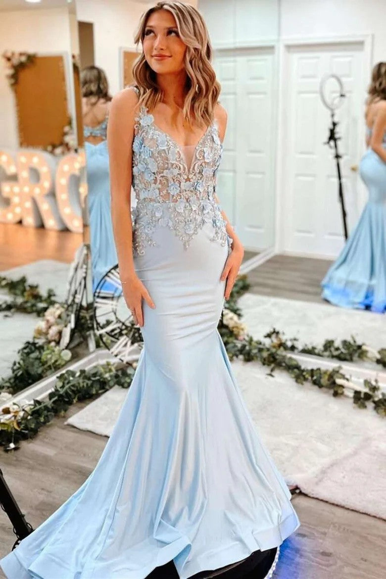 Light Blue 3D Floral Lace V-Neck Backless Trumpet Dress with Floral Appliqués
