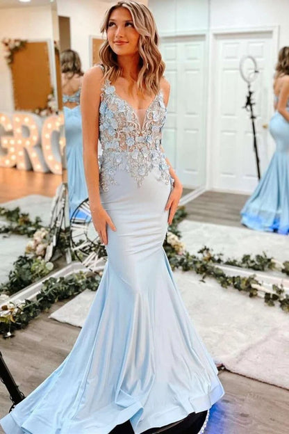 Light Blue 3D Floral Lace V-Neck Backless Trumpet Dress with Floral Appliqués