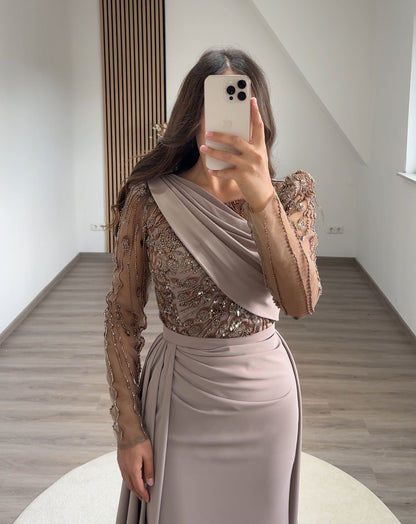 High Neck Long Sleeves Sequins Ruched Evening Dress