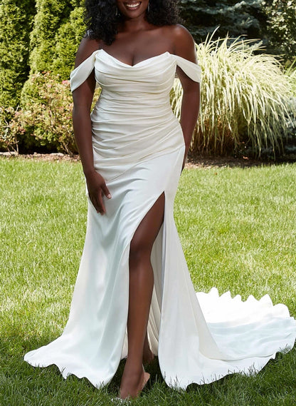 Plus Size Trumpet/Mermaid Off-The-Shoulder Satin Wedding Dresses With High SplitPlus Size Trumpet/Mermaid Off-The-Shoulder Satin Wedding Dresses With High SplitPlus Size Trumpet/Mermaid Off-The-Shoulder Satin Wedding Dresses With High SplitPlus Size Trump