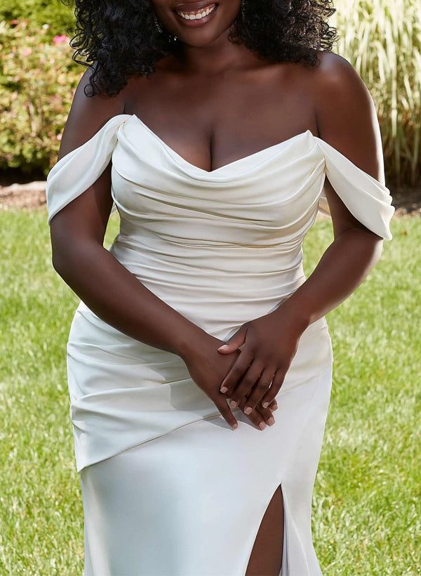 Plus Size Trumpet/Mermaid Off-The-Shoulder Satin Wedding Dresses With High SplitPlus Size Trumpet/Mermaid Off-The-Shoulder Satin Wedding Dresses With High SplitPlus Size Trumpet/Mermaid Off-The-Shoulder Satin Wedding Dresses With High SplitPlus Size Trump