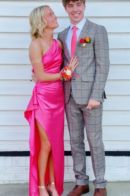 Sage Green One Shoulder Pleats Long Prom Dresses with Slit