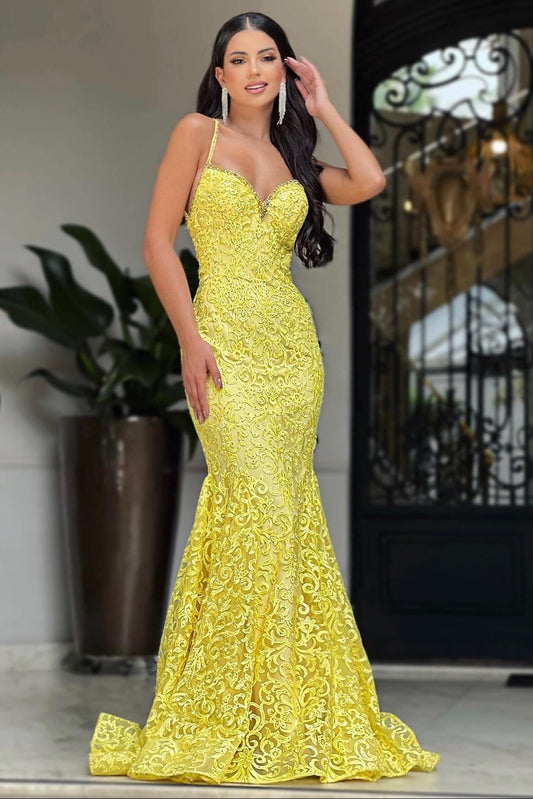 Chic Yellow Spaghetti Strap Sweetheart Sleeveless Long Mermaid Prom Dress