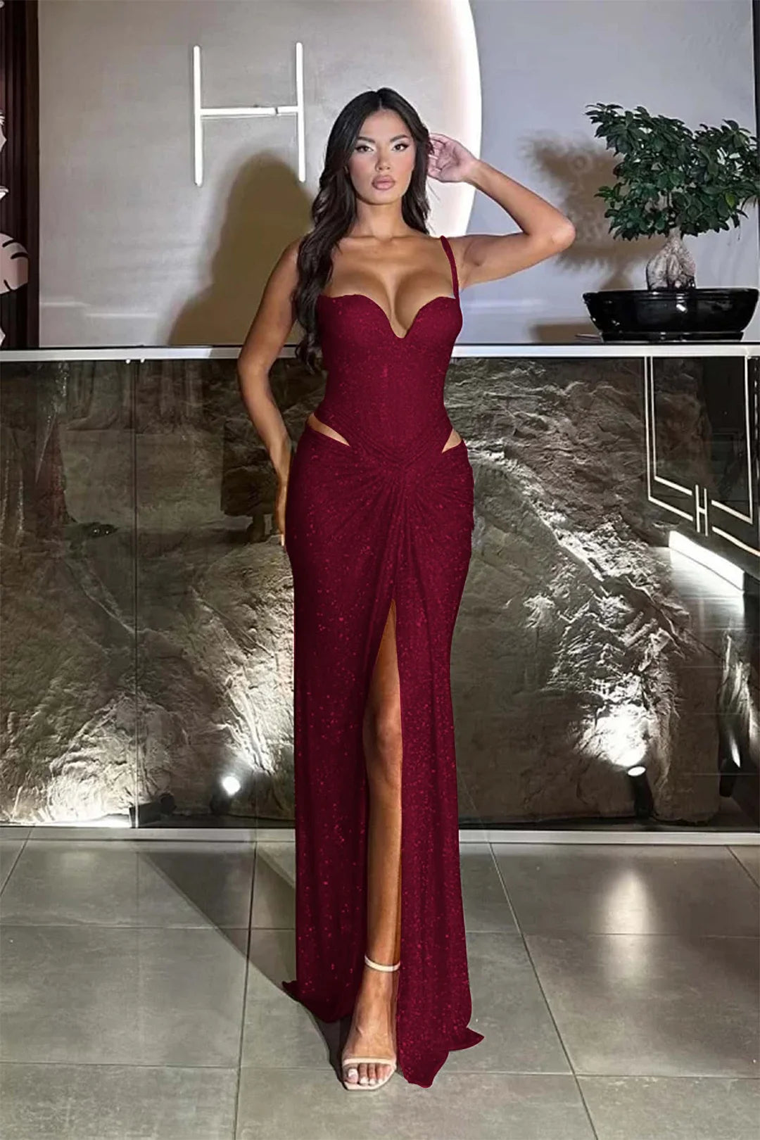 Red Gorgeous Split Sequins Spaghetti-Straps Prom Dress