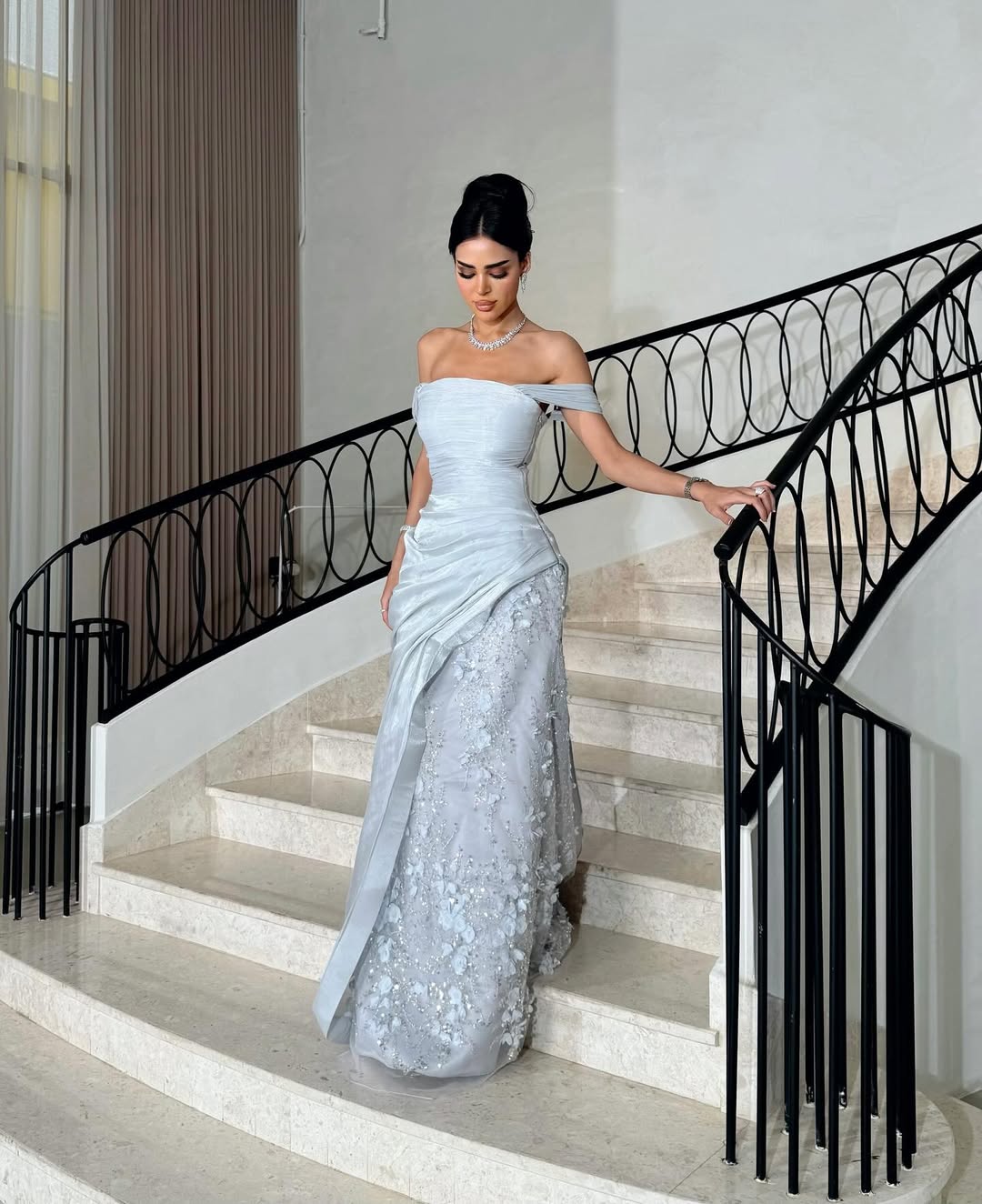 Appealing Blue Off-the-Shoulder Prom Dress Pleated with Applique