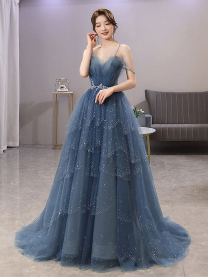 Gorgeous Blue Sparkly Tulle Beaded Prom Dress