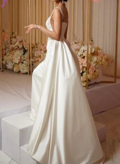 Dreamy Bead Accented One-Shoulder Luxury Satin Wedding Dresses With OverskirtDreamy Bead Accented One-Shoulder Luxury Satin Wedding Dresses With OverskirtDreamy Bead Accented One-Shoulder Luxury Satin Wedding Dresses With OverskirtDreamy Bead Accented One