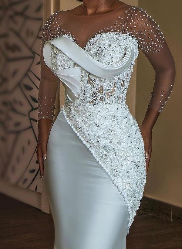 Trumpet/Mermaid V-Neck 3/4 Sleeves Lace/Satin Wedding Dresses With Beading/Appliques LaceTrumpet/Mermaid V-Neck 3/4 Sleeves Lace/Satin Wedding Dresses With Beading/Appliques LaceTrumpet/Mermaid V-Neck 3/4 Sleeves Lace/Satin Wedding Dresses With Beading/Ap