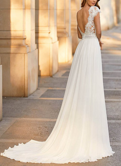 Vintage Boho A-Line Plunge Neck Lace/Chiffon Wedding Dresses With Low BackVintage Boho A-Line Plunge Neck Lace/Chiffon Wedding Dresses With Low BackVintage Boho A-Line Plunge Neck Lace/Chiffon Wedding Dresses With Low BackVintage Boho A-Line Plunge Neck L