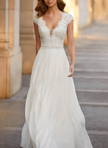 Vintage Boho A-Line Plunge Neck Lace/Chiffon Wedding Dresses With Low BackVintage Boho A-Line Plunge Neck Lace/Chiffon Wedding Dresses With Low BackVintage Boho A-Line Plunge Neck Lace/Chiffon Wedding Dresses With Low BackVintage Boho A-Line Plunge Neck L