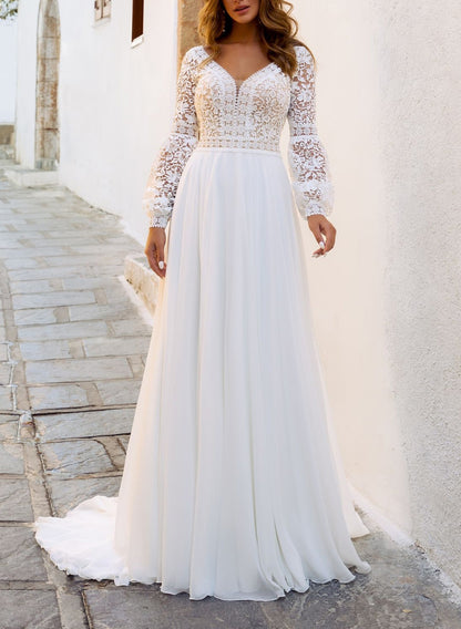 Elegant A-Line V-Neck Long Sleeves Sweep Train Lace/Chiffon Wedding DressesElegant A-Line V-Neck Long Sleeves Sweep Train Lace/Chiffon Wedding DressesElegant A-Line V-Neck Long Sleeves Sweep Train Lace/Chiffon Wedding DressesElegant A-Line V-Neck Long Sle