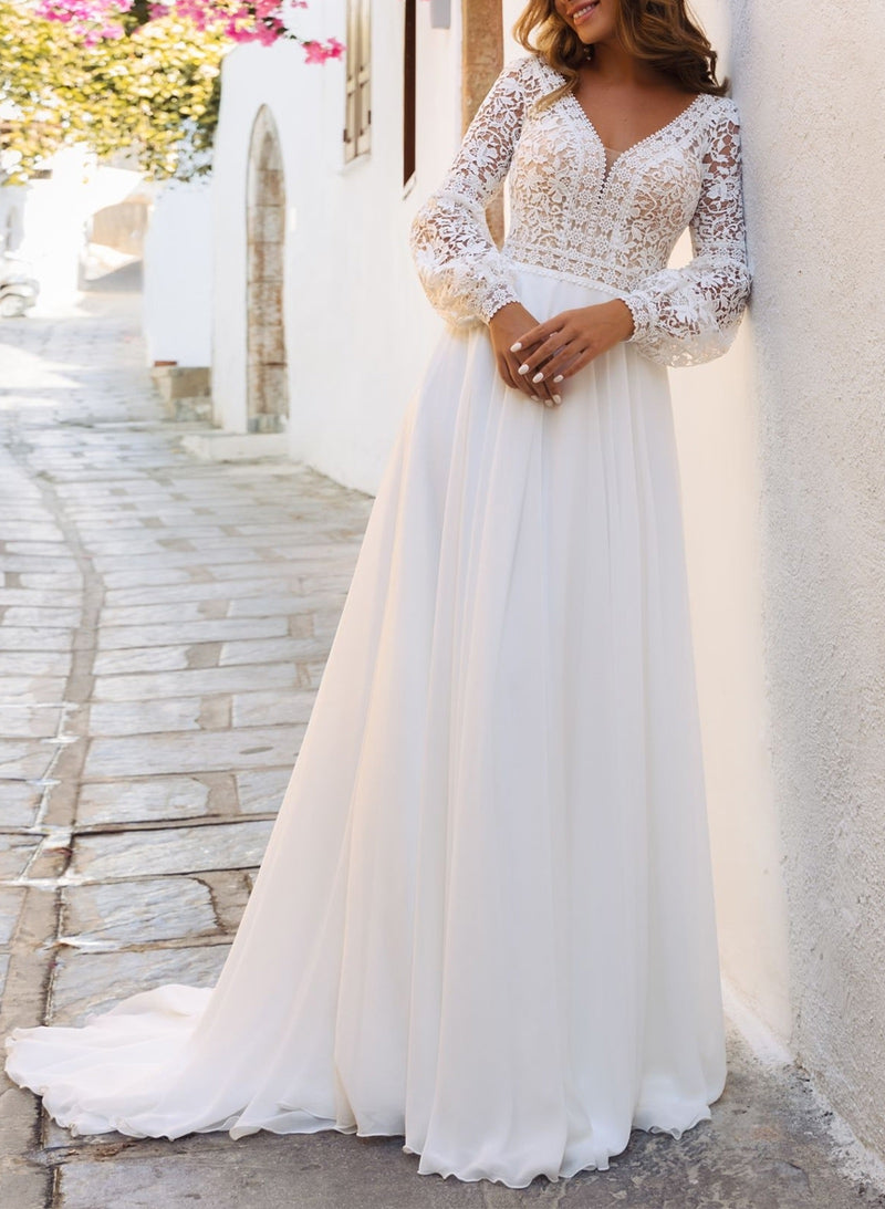 Elegant A-Line V-Neck Long Sleeves Sweep Train Lace/Chiffon Wedding DressesElegant A-Line V-Neck Long Sleeves Sweep Train Lace/Chiffon Wedding DressesElegant A-Line V-Neck Long Sleeves Sweep Train Lace/Chiffon Wedding DressesElegant A-Line V-Neck Long Sle