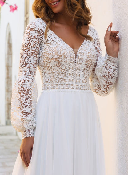 Elegant A-Line V-Neck Long Sleeves Sweep Train Lace/Chiffon Wedding DressesElegant A-Line V-Neck Long Sleeves Sweep Train Lace/Chiffon Wedding DressesElegant A-Line V-Neck Long Sleeves Sweep Train Lace/Chiffon Wedding DressesElegant A-Line V-Neck Long Sle